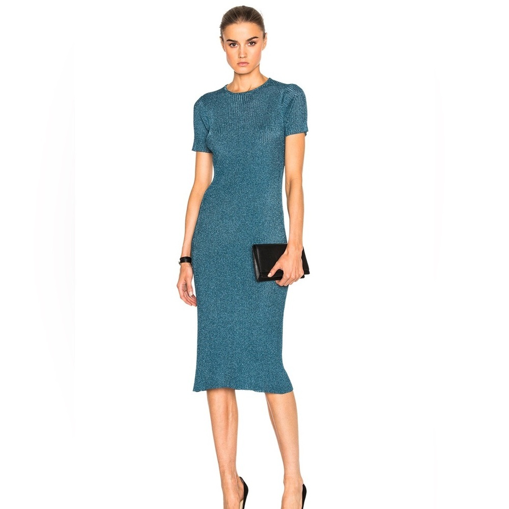 Tibi Marcel Teal Metallic Sparkle Ribbed Stretch Midi Dress